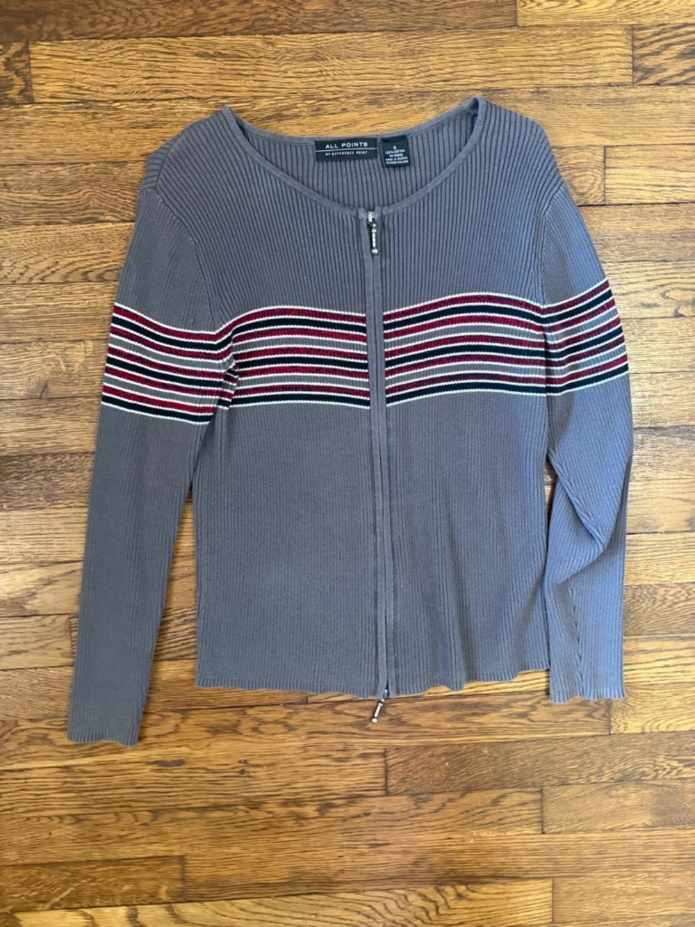 All Points Gray Zip-Front Ribbed Sweater with Striped Detail
